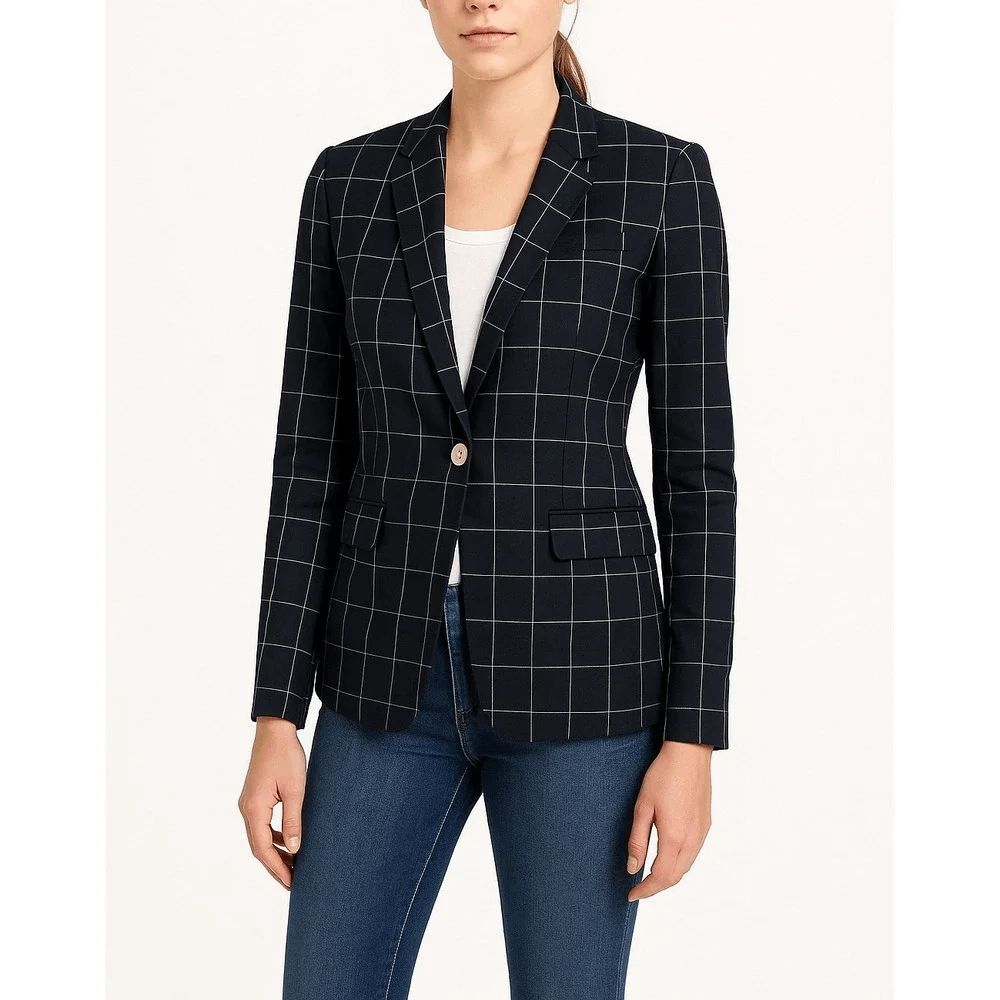 J. Crew Navy Blue Windowpane Single Button Regent Blazer Jacket Women's Size 6